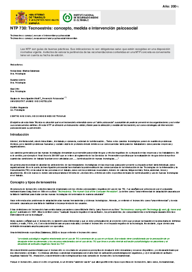 Primera página del documento NTP 730: Tecnoestrés: concepto, medida e intervención psicosocial