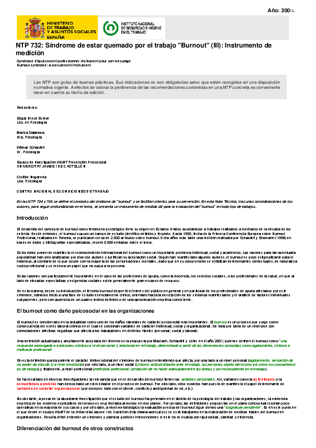 Primera página del documento NTP 732: Síndrome de estar quemado por el trabajo "Burnout" (III): Instrumento de medición
