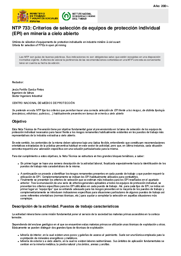 Primera página del documento NTP 733: Criterios de selección de equipos de protección individual (EPI) en minería a cielo abierto