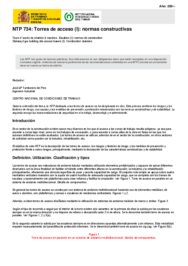 Primera página del documento NTP 734: Torres de acceso (I): normas constructivas