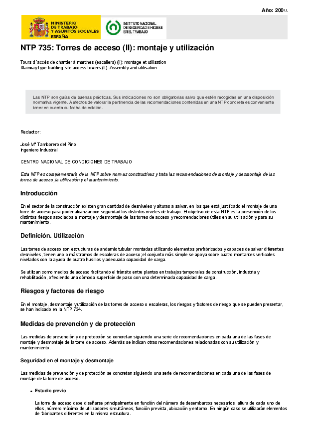 Primera página del documento NTP 735: Torres de acceso (II): montaje y utilización