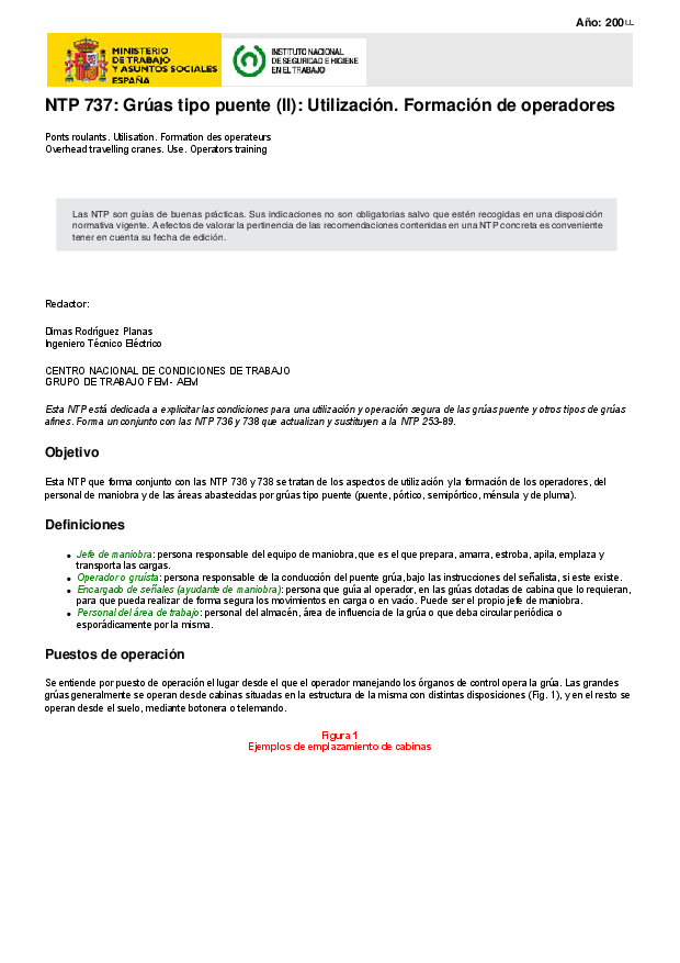 Primera página del documento NTP 737: Grúas tipo puente (II): Utilización. Formación de operadores