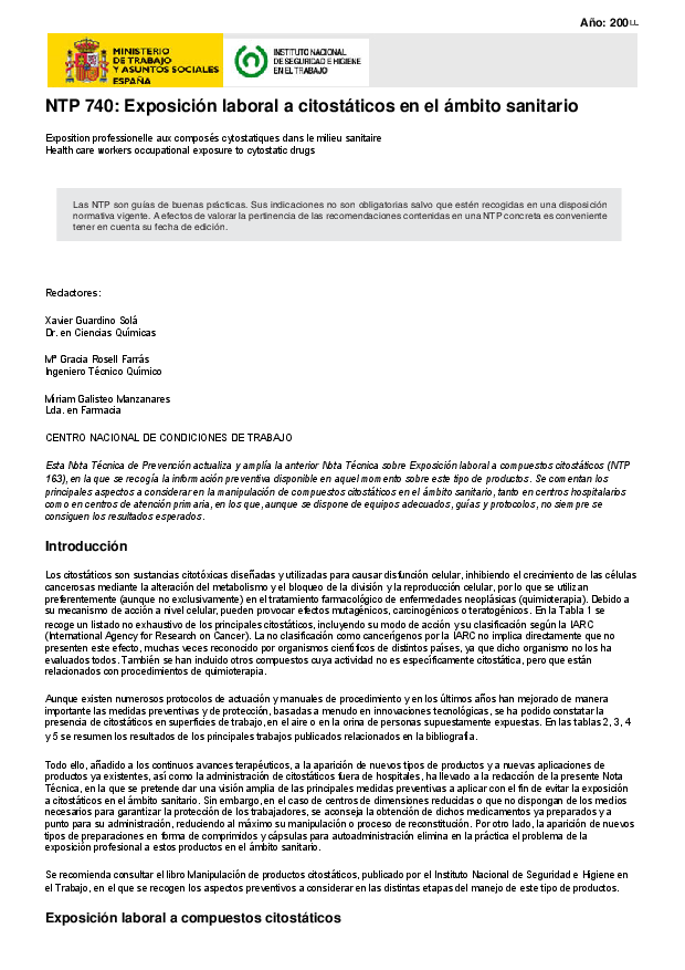 Primera página del documento NTP 740: Exposición laboral a citostáticos en el ámbito sanitario