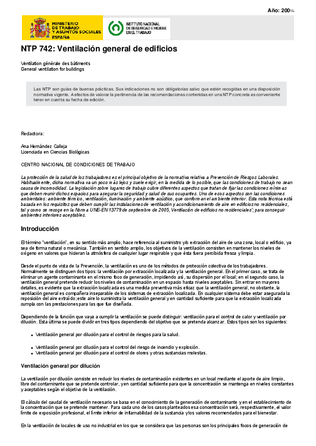 Primera página del documento NTP 742: Ventilación general de edificios
