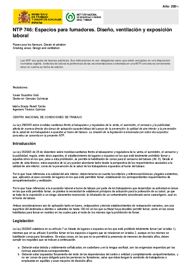 Primera página del documento NTP 746: Espacios para fumadores. Diseño, ventilación y exposición laboral