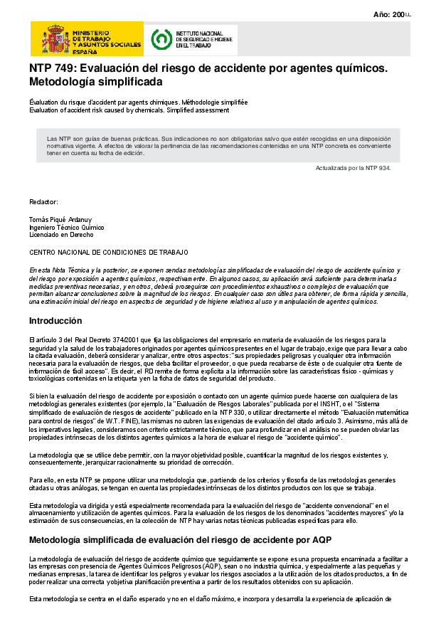 Primera página del documento NTP 749: Evaluación del riesgo de accidente por agentes químicos. Metodología simplificada