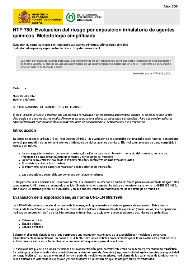 Primera página del documento NTP 750: Evaluación del riesgo por exposición inhalatoria de agentes químicos. Metodología simplificada