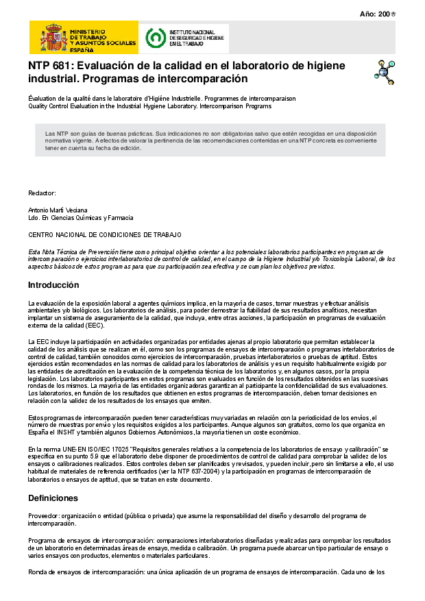 Primera página del documento NTP 681: Evaluación de la calidad en el laboratorio de higiene industrial. Programas de intercomparación 