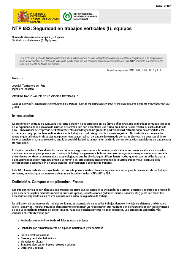 Primera página del documento NTP 682: Seguridad en trabajos verticales (I): equipos