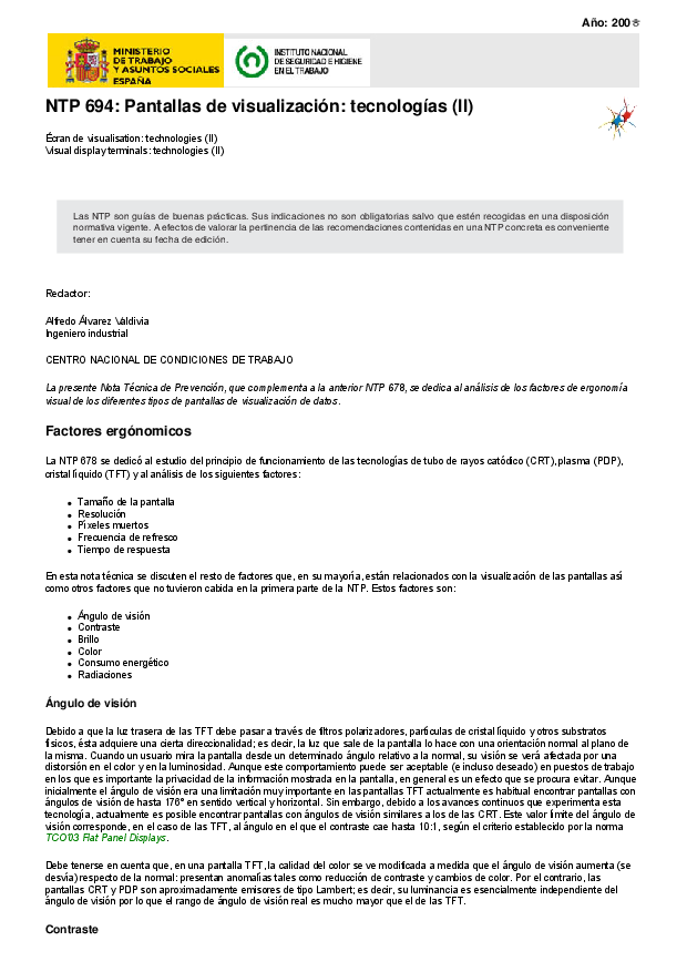 Primera página del documento NTP 694: Pantallas de visualización: tecnologías (II)