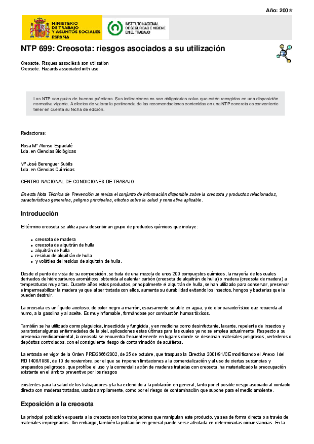 Primera página del documento NTP 699: Creosota: riesgos asociados a su utilización