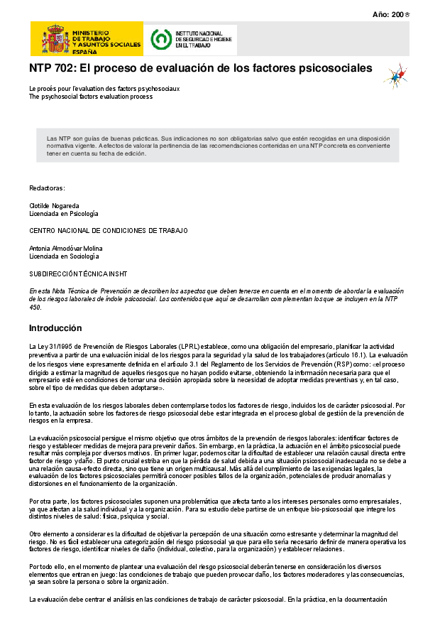 Primera página del documento NTP 702: El proceso de evaluación de los factores psicosociales
