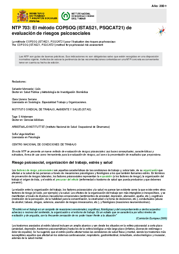 Primera página del documento NTP 703: El método COPSOQ (ISTAS21, PSQCAT21) de evaluación de riesgos psicosociales