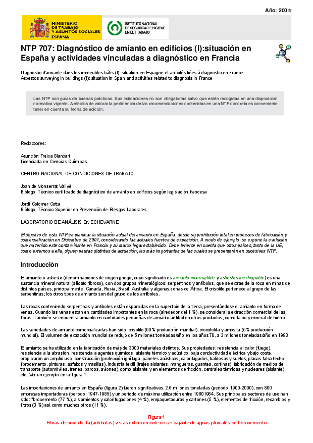 Primera página del documento NTP 707: Diagnóstico de amianto en edificios (I):situación en España y actividades vinculadas a diagnóstico en Francia