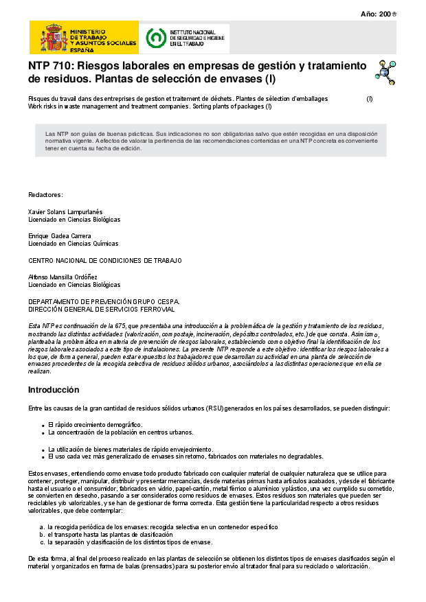 Primera página del documento NTP 710: Riesgos laborales en empresas de gestión y tratamiento de residuos. Plantas de selección de envases (I)