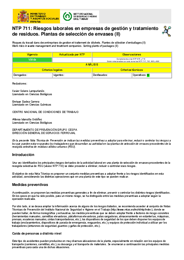 Primera página del documento NTP 711: Riesgos laborales en empresas de gestión y tratamiento de residuos. Plantas de selección de envases (II)