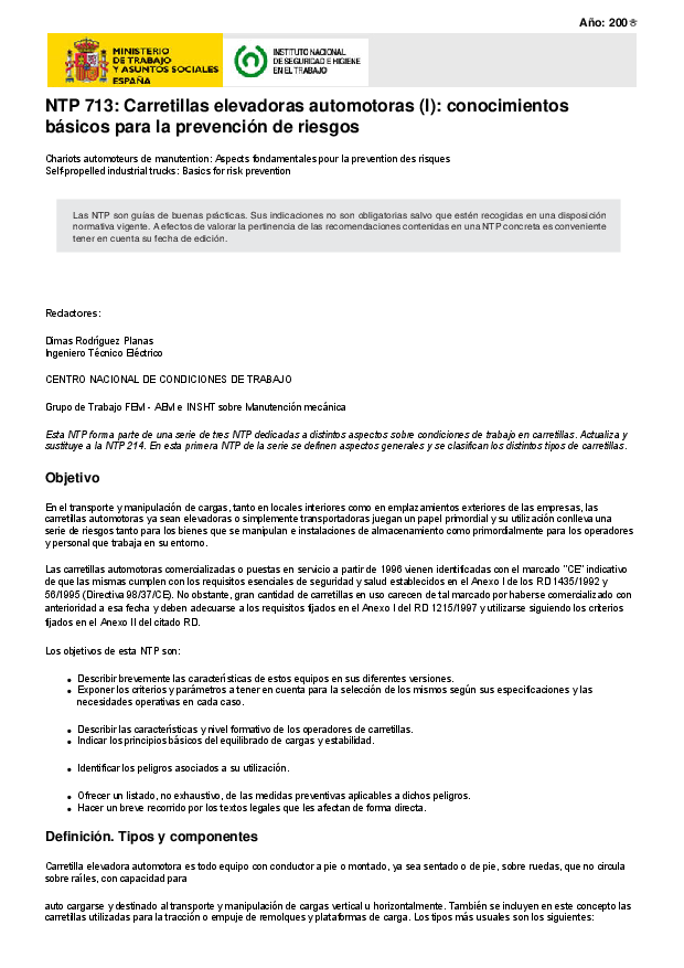 Primera página del documento NTP 713: Carretillas elevadoras automotoras (I): conocimientos básicos para la prevención de riesgos