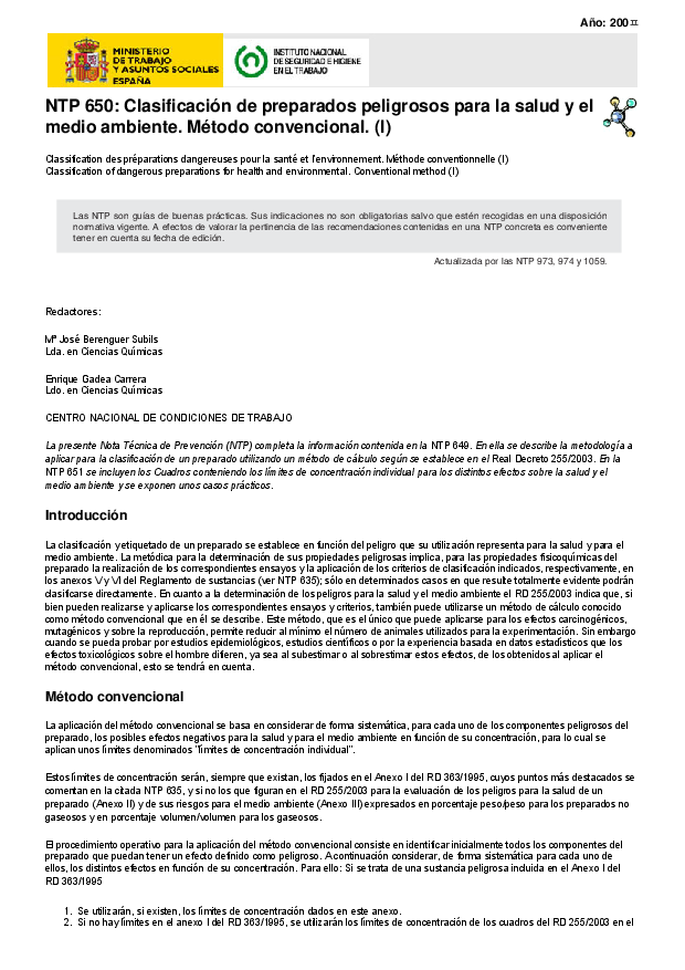 Primera página del documento NTP 650. Clasificación de preparados peligrosos para la salud y el medio ambiente. Método convencional. (I) 