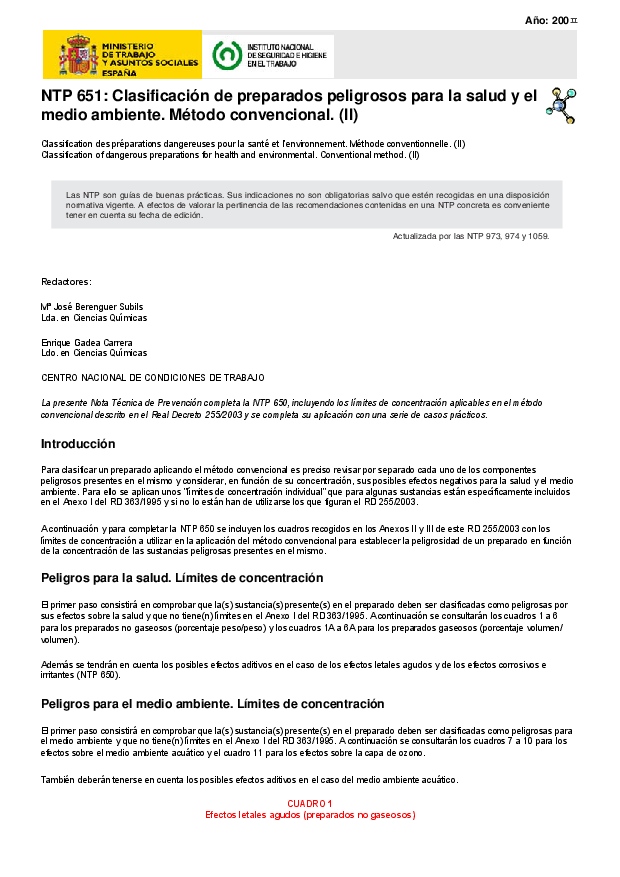 Primera página del documento NTP 651. Clasificación de preparados peligrosos para la salud y el medio ambiente. Método convencional. (II) 
