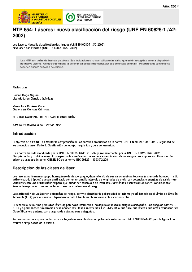 Primera página del documento NTP 654. Láseres: nueva clasificación del riesgo (UNE EN 60825-1 /A2: 2002) 
