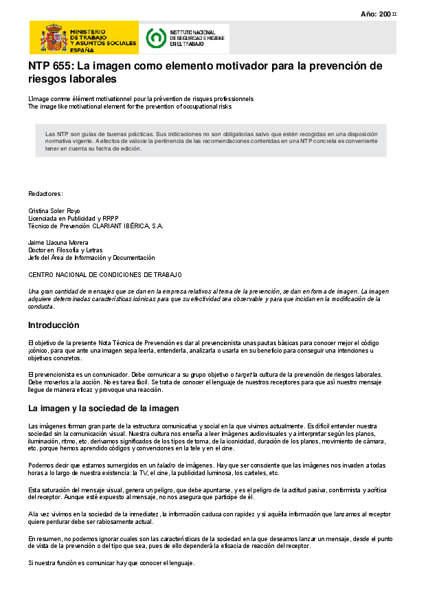 Primera página del documento NTP 655. La imagen como elemento motivador para la prevención de riesgos laborales. 