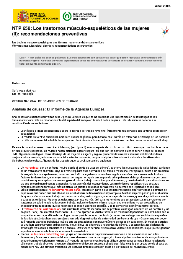 Primera página del documento NTP 658. Los trastornos músculo-esqueléticos de las mujeres (II): recomendaciones preventivas - Año 2004