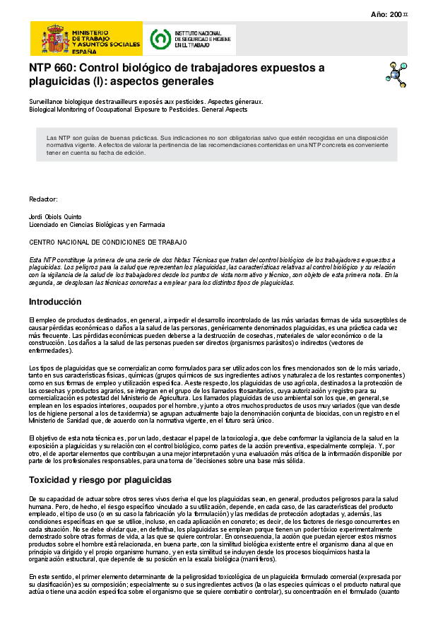Primera página del documento NTP 660. Control biológico de trabajadores expuestos a plaguicidas (I): aspectos generales. 