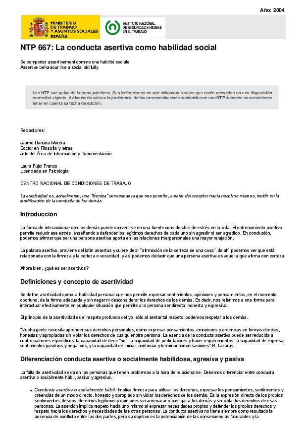 Primera página del documento NTP 667. La conducta asertiva como habilidad social. 