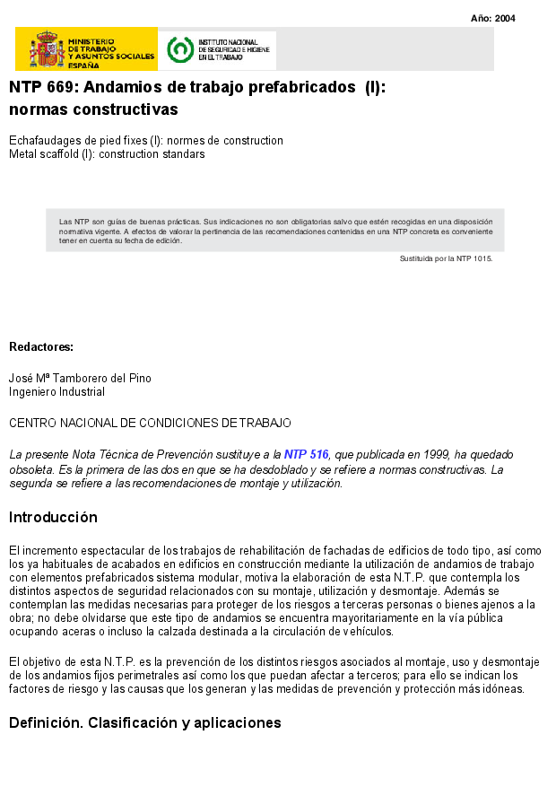 Primera página del documento NTP 669. Andamios de trabajo prefabricados (I): normas constructivas. 