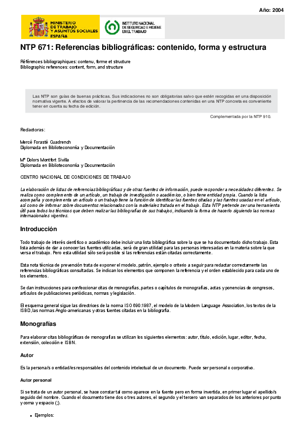 Primera página del documento NTP 671. Referencias bibliográficas: contenido, forma y estructura. 