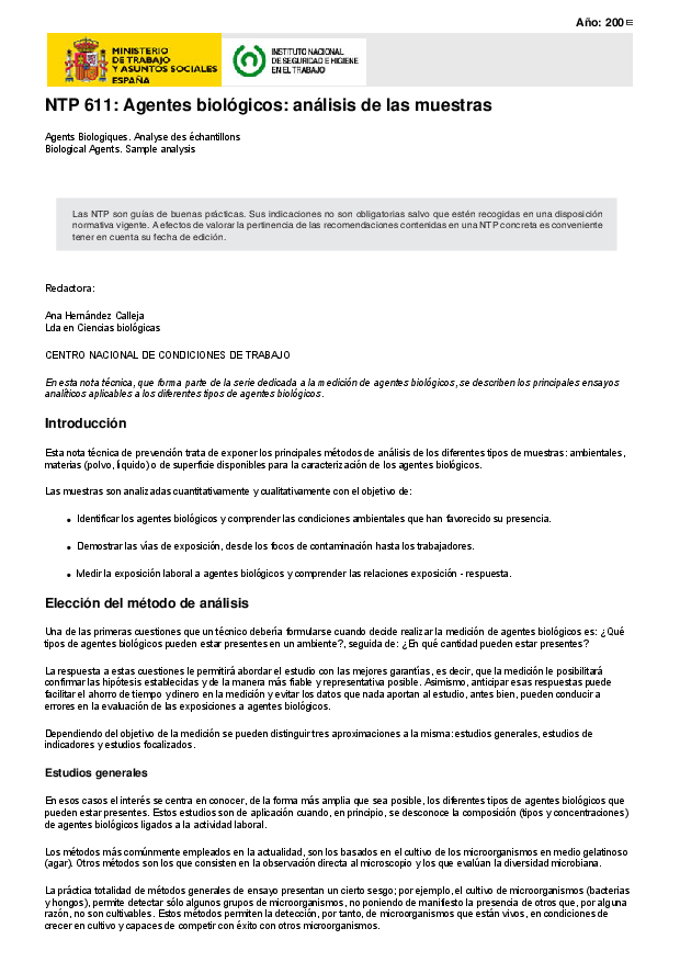 Primera página del documento NTP 611: Agentes biológicos: análisis de las muestras - Año 2003