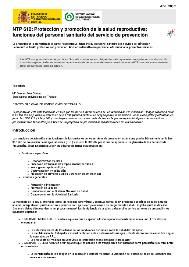 Primera página del documento NTP 612: Protección y promoción de la salud reproductiva: funciones del personal sanitario del servicio de prevención - Año 2003