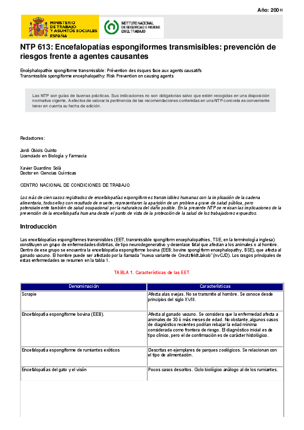 Primera página del documento NTP 613: Encefalopatías espongiformes transmisibles: prevención de riesgos frente a agentes causantes