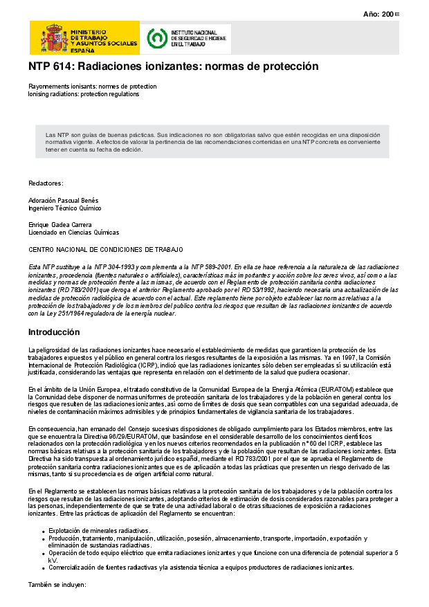 Primera página del documento NTP 614: Radiaciones ionizantes: normas de protección