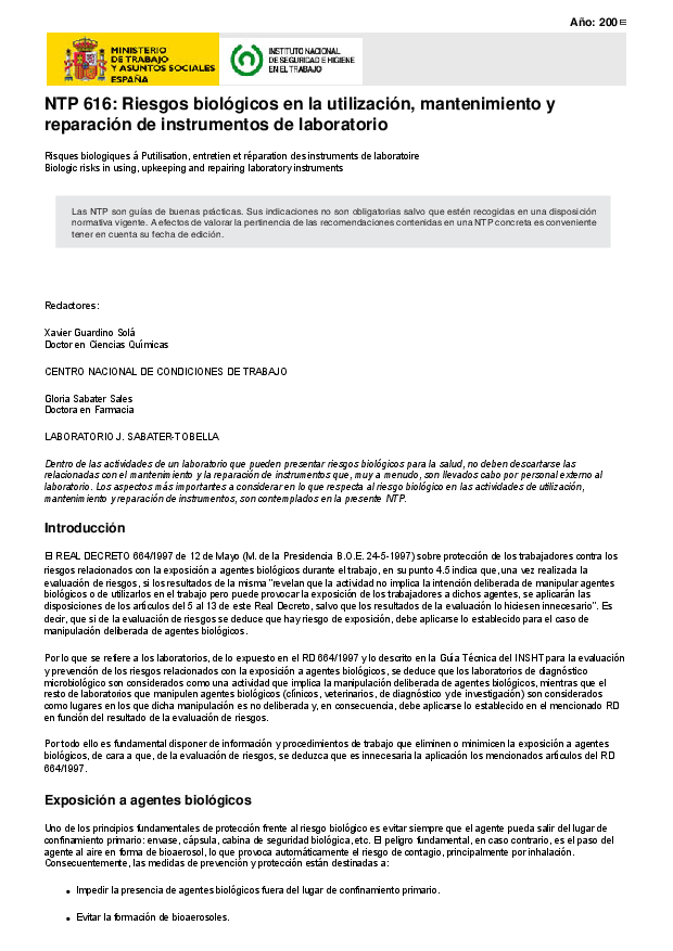 Primera página del documento NTP 616: Riesgos biológicos en la utilización, mantenimiento y reparación de instrumentos de laboratorio