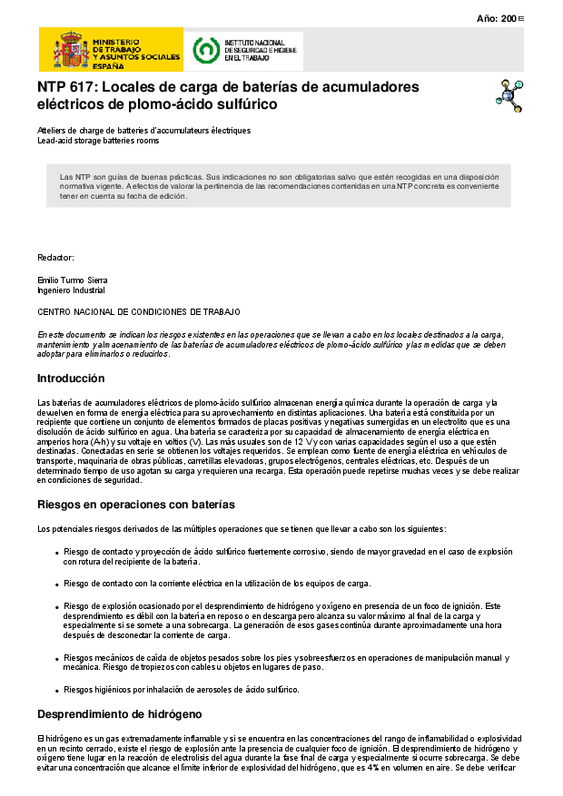 Primera página del documento NTP 617: Locales de carga de baterías de acumuladores eléctricos de plomo-ácido sulfúrico