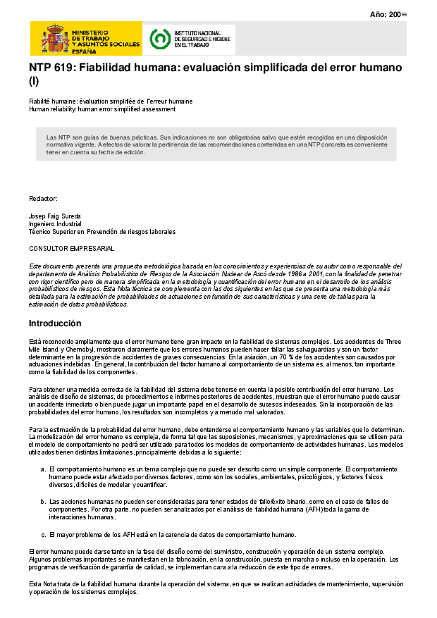 Primera página del documento NTP 619: Fiabilidad humana: evaluación simplificada del error humano (I)