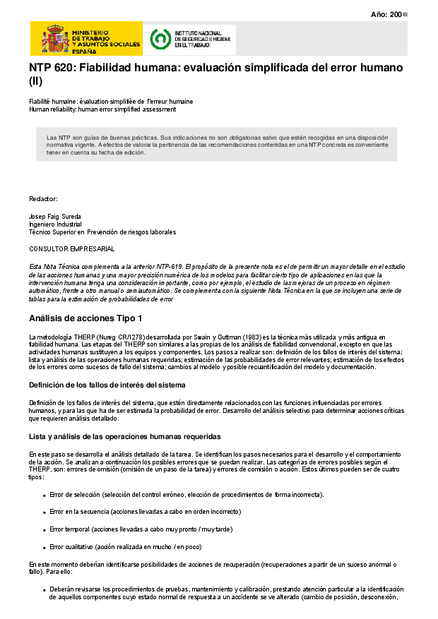 Primera página del documento NTP 620: Fiabilidad humana: evaluación simplificada del error humano (II)