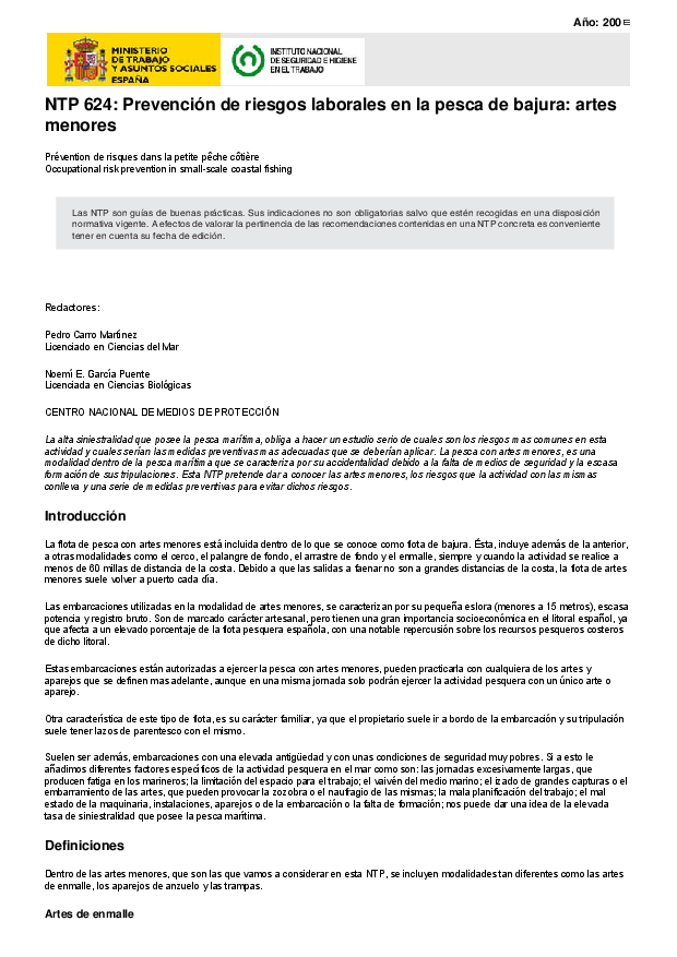 Primera página del documento NTP 624: Prevención de riesgos laborales en la pesca de bajura: artes menores