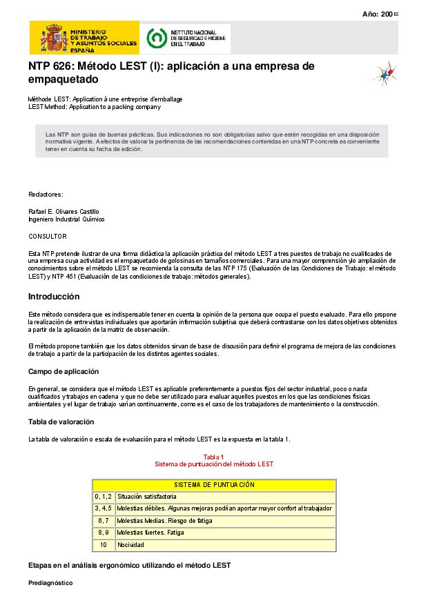 Primera página del documento NTP 626: Método LEST (I): aplicación a una empresa de empaquetado.