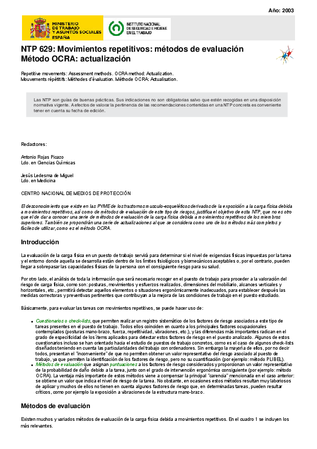 Primera página del documento NTP 629: Movimientos repetitivos: métodos de evaluación Método OCRA: actualización - Año 2003