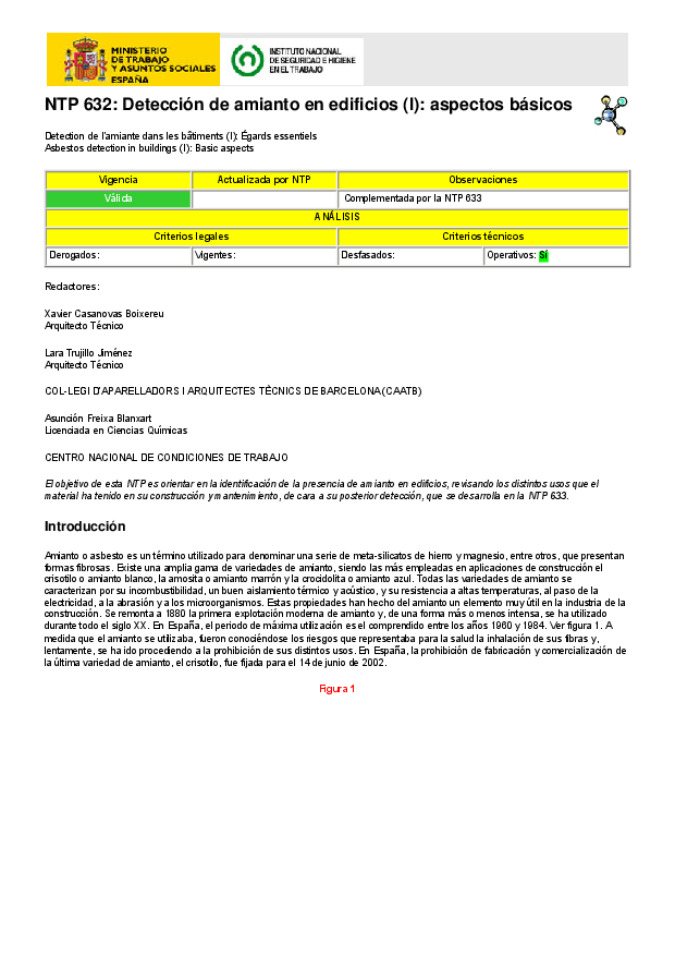 Primera página del documento NTP 632: Detección de amianto en edificios (I): aspectos básicos.
