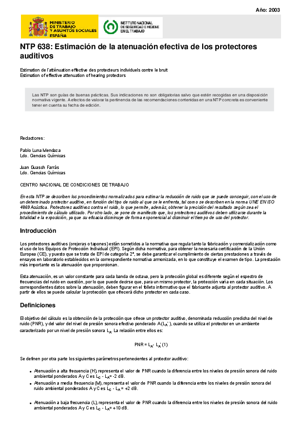 Primera página del documento NTP 638: Estimación de la atenuación efectiva de los protectores auditivos.