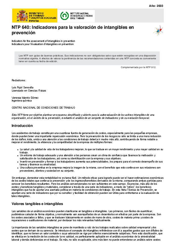 Primera página del documento NTP 640: Indicadores para la valoración de intangibles en prevención.