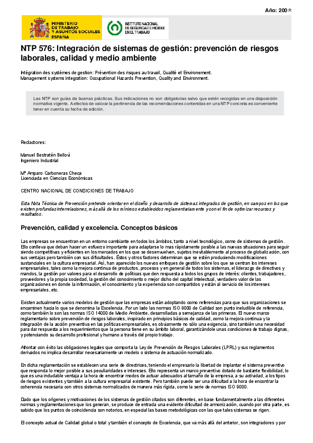 Primera página del documento NTP 576: Integración de sistemas de gestión: prevención de riesgos laborales, calidad y medio ambiente.
