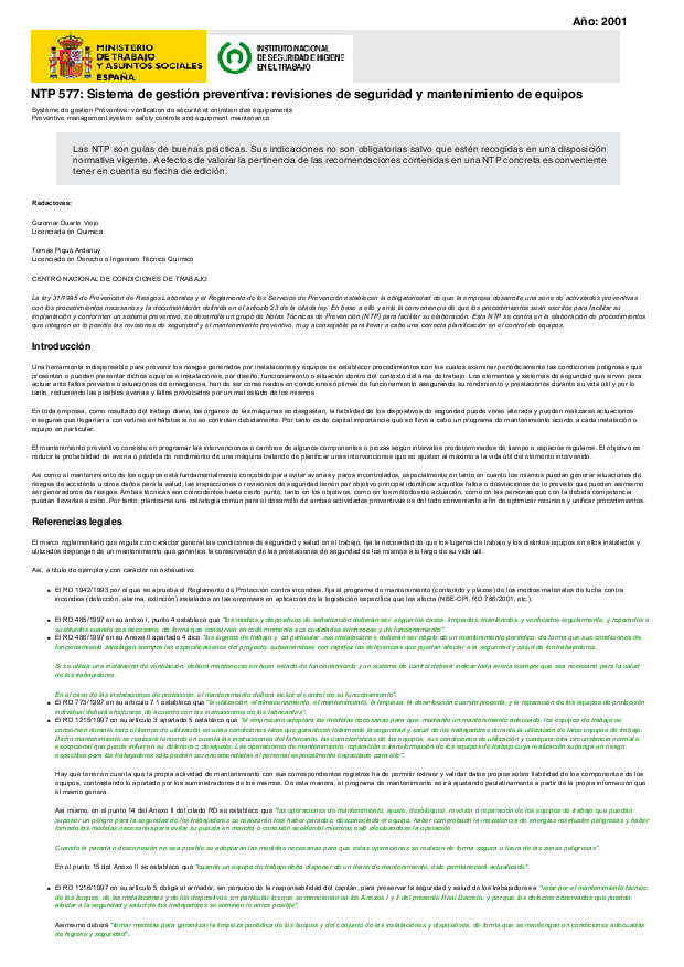 Primera página del documento NTP 577: Sistema de gestión preventiva: revisiones de seguridad y mantenimiento de equipos.