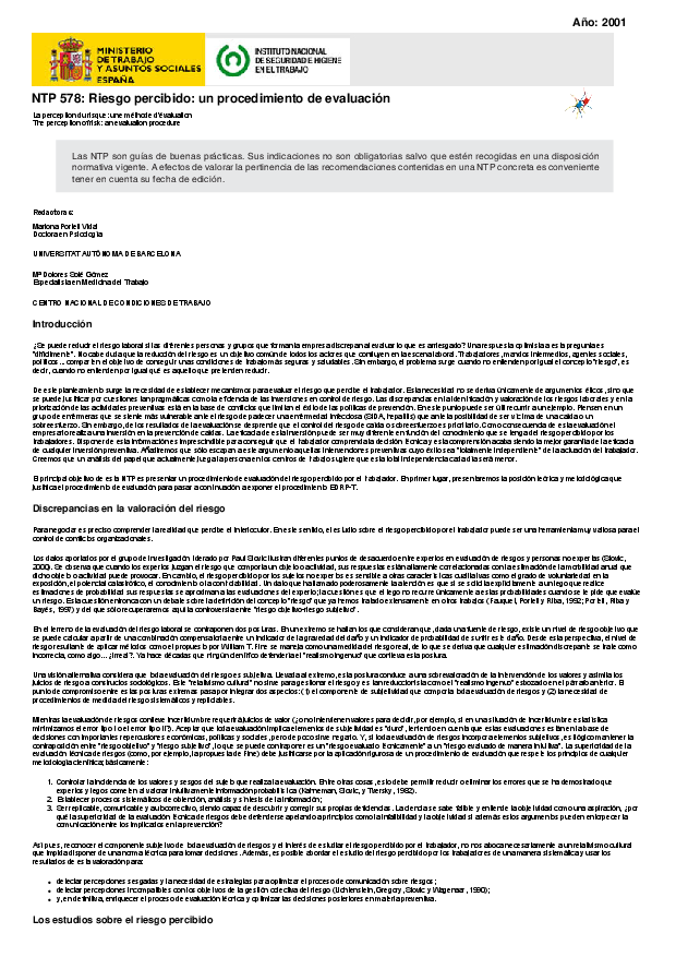 Primera página del documento NTP 578: Riesgo percibido: un procedimiento de evaluación.