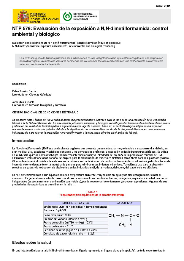 Primera página del documento NTP 579: Evaluación de la exposición a N,N-dimetilformamida: control ambiental y biológico.