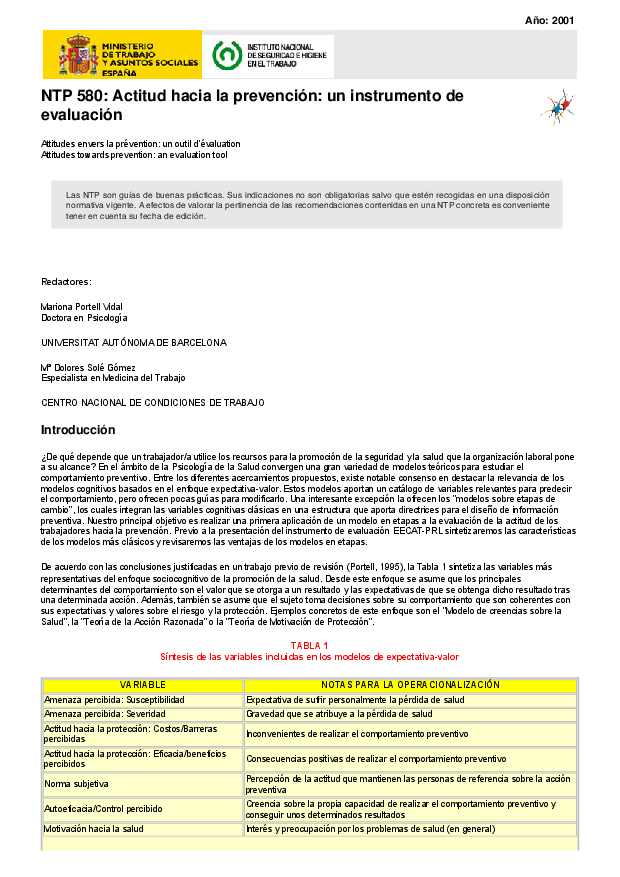 Primera página del documento NTP 580: Actitud hacia la prevención: un instrumento de evaluación.