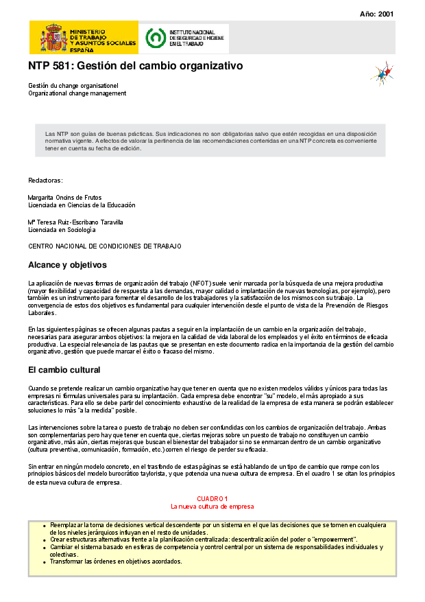 Primera página del documento NTP 581: Gestión del cambio organizativo.